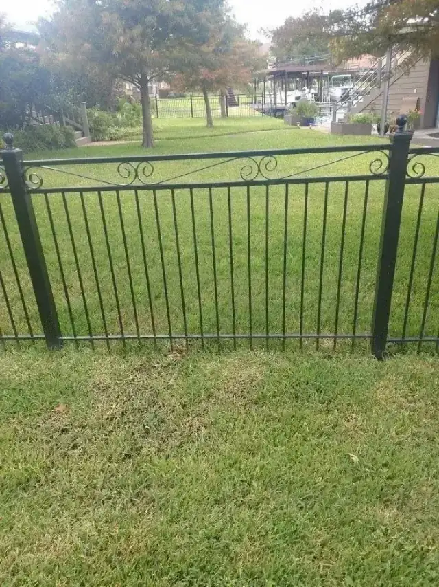 Black ornamental iron fence with decorative scrollwork on a lakeside property